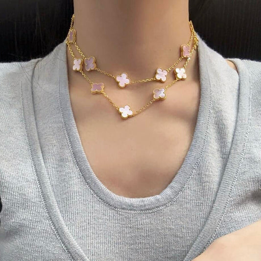 [AuraEcho Jewelry]CLOVER 20 MOTIFS PINK MOP NECKLACE