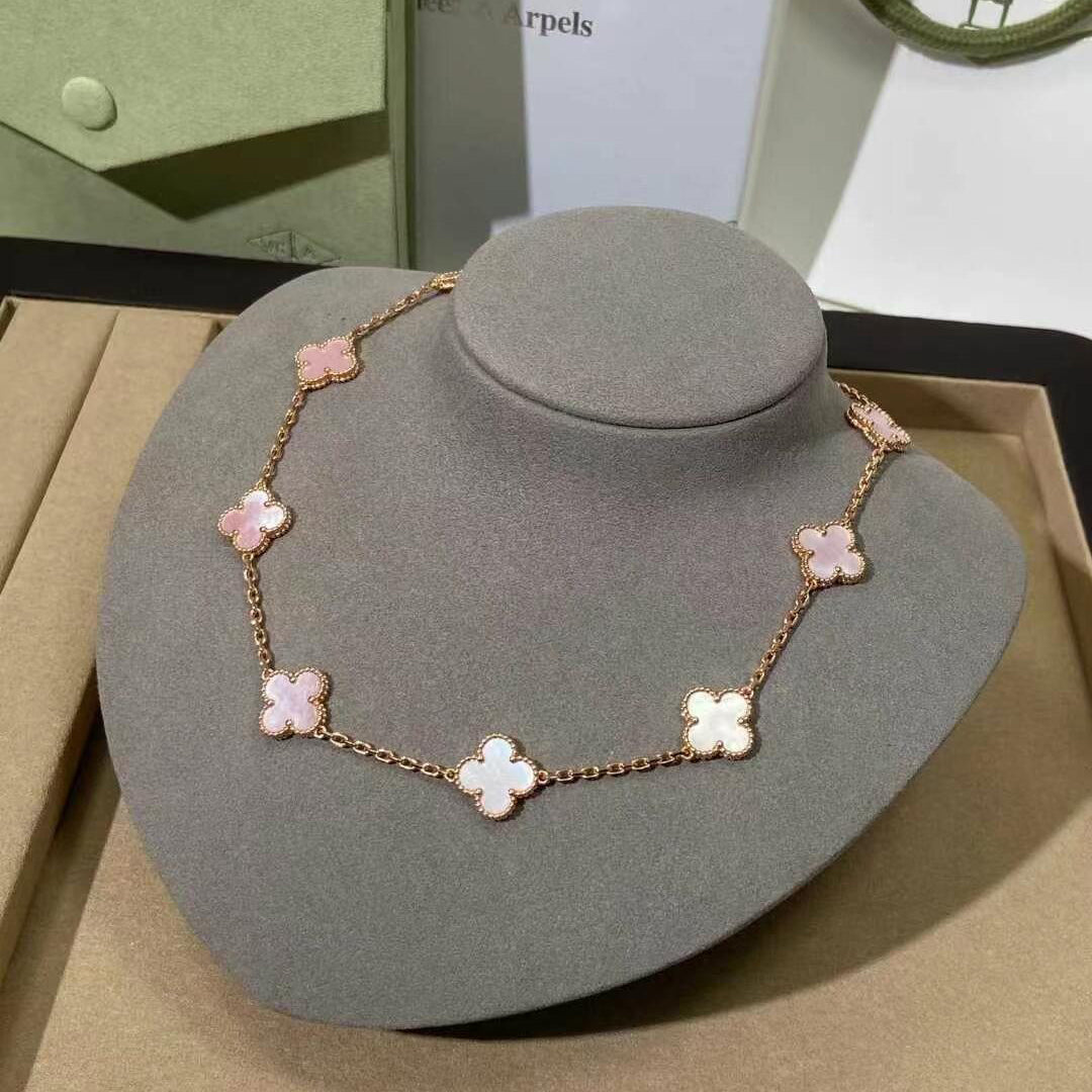[AuraEcho Jewelry]CLOVER 10 MOTIFS PINK MOP NECKLACE