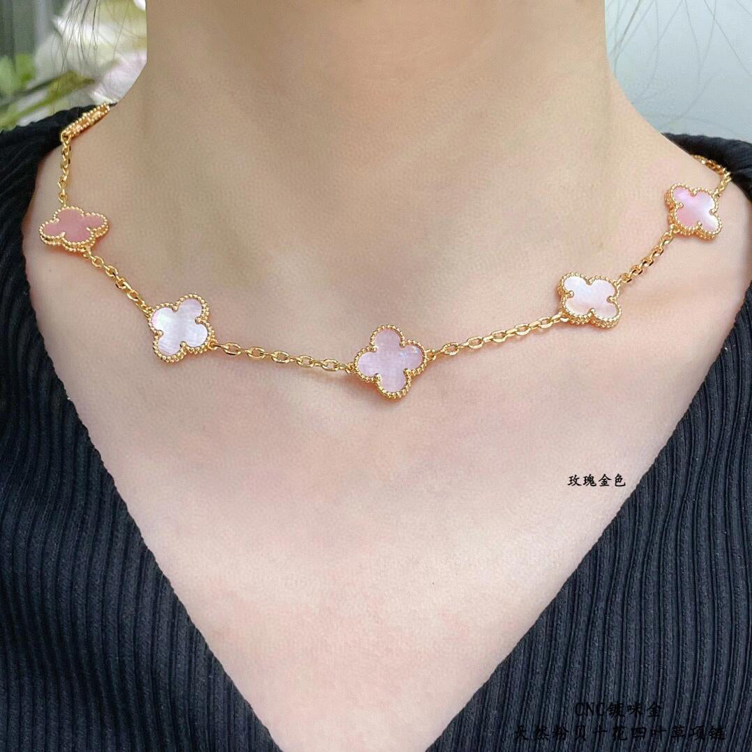 [AuraEcho Jewelry]CLOVER 10 MOTIFS PINK MOP NECKLACE