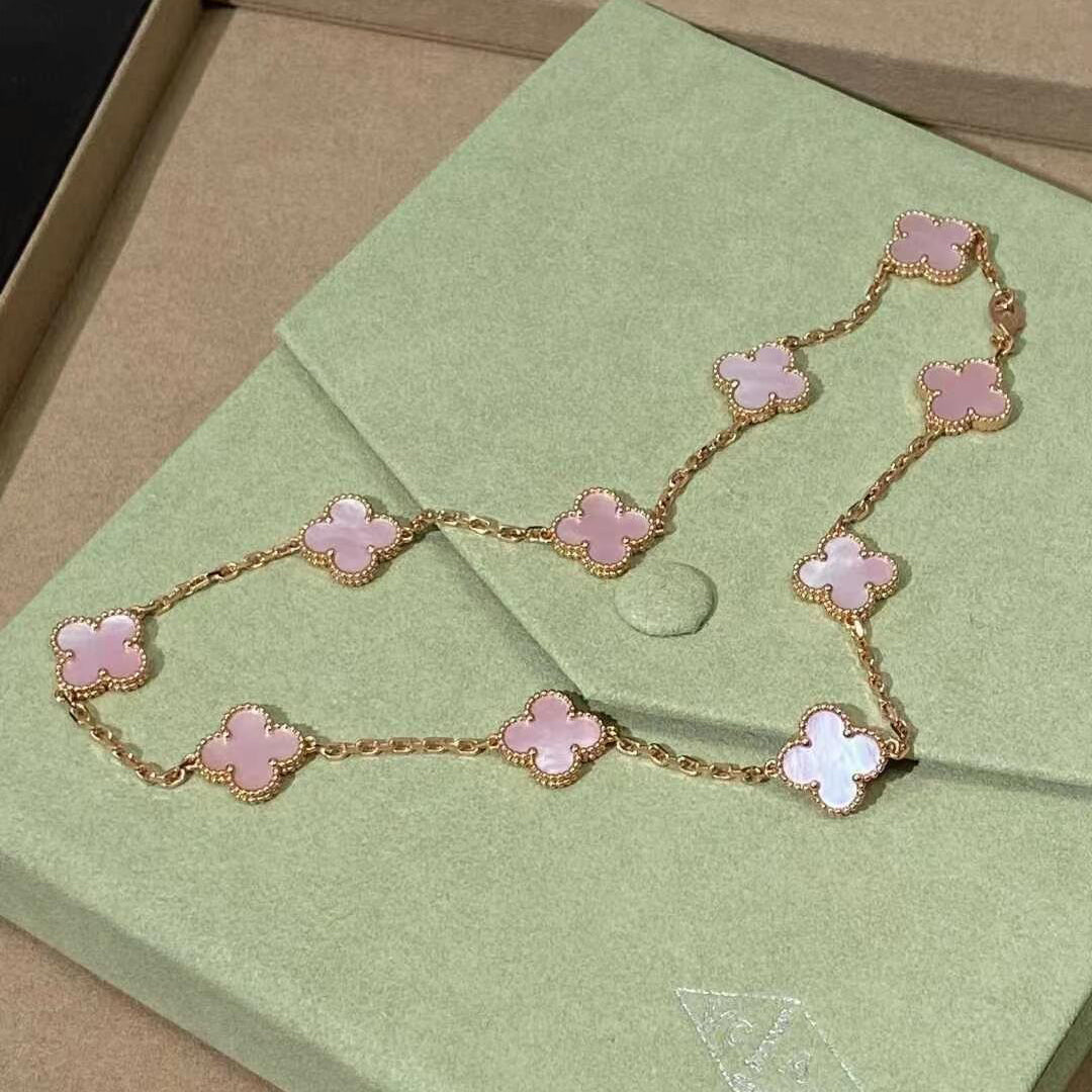 [AuraEcho Jewelry]CLOVER 10 MOTIFS PINK MOP NECKLACE