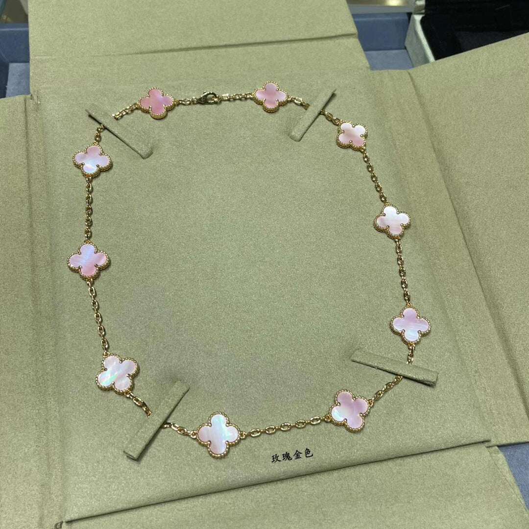 [AuraEcho Jewelry]CLOVER 10 MOTIFS PINK MOP NECKLACE