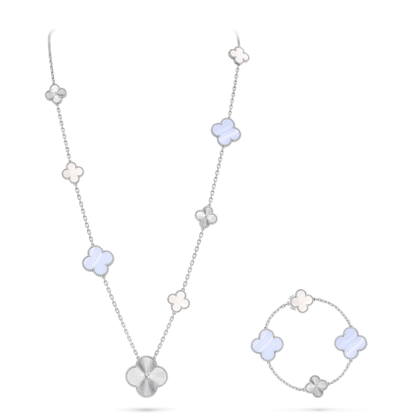 [Auraecho]DETACHABLE CLOVER 15(11+4) FLOWER SILVER NECKLACE SET